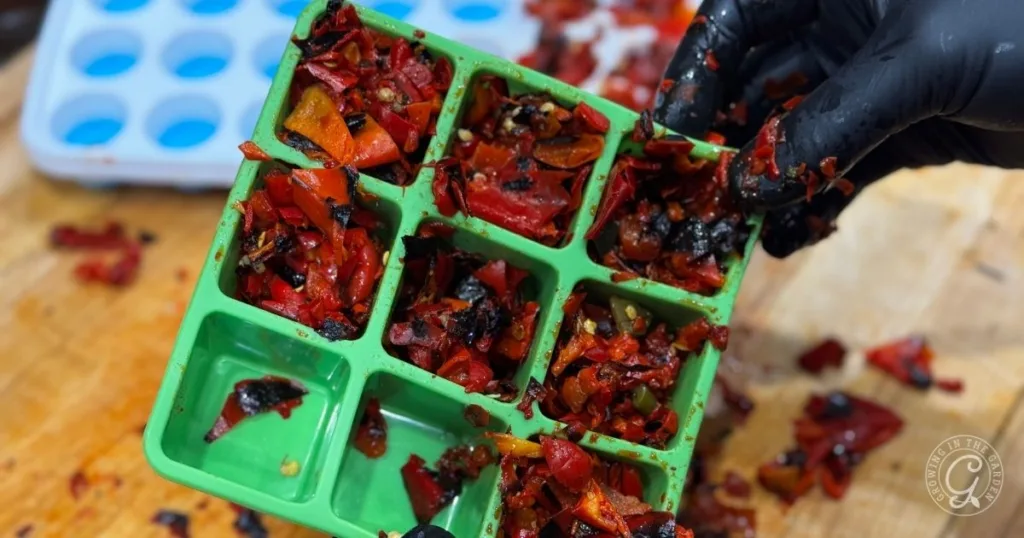 A gloved hand fills an ice cube tray with chopped roasted peppers, adding a flavorful twist to ordinary ice cubes.