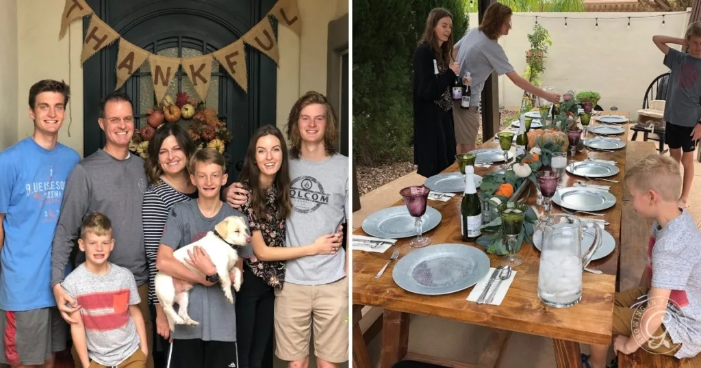 Left: Family poses by a THANKFUL banner; right: People set a rustic outdoor dining table, preparing Sausage and Herb Stuffing for a festive meal.