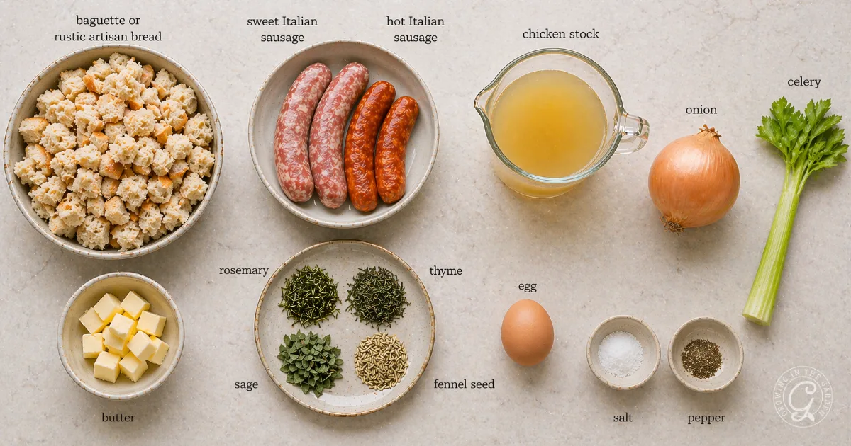Ingredients for Make Ahead Sausage and Herb Stuffing Recipe: bread cubes, sausages, chicken stock, onion, celery, herbs, butter, egg, salt, and pepper.
