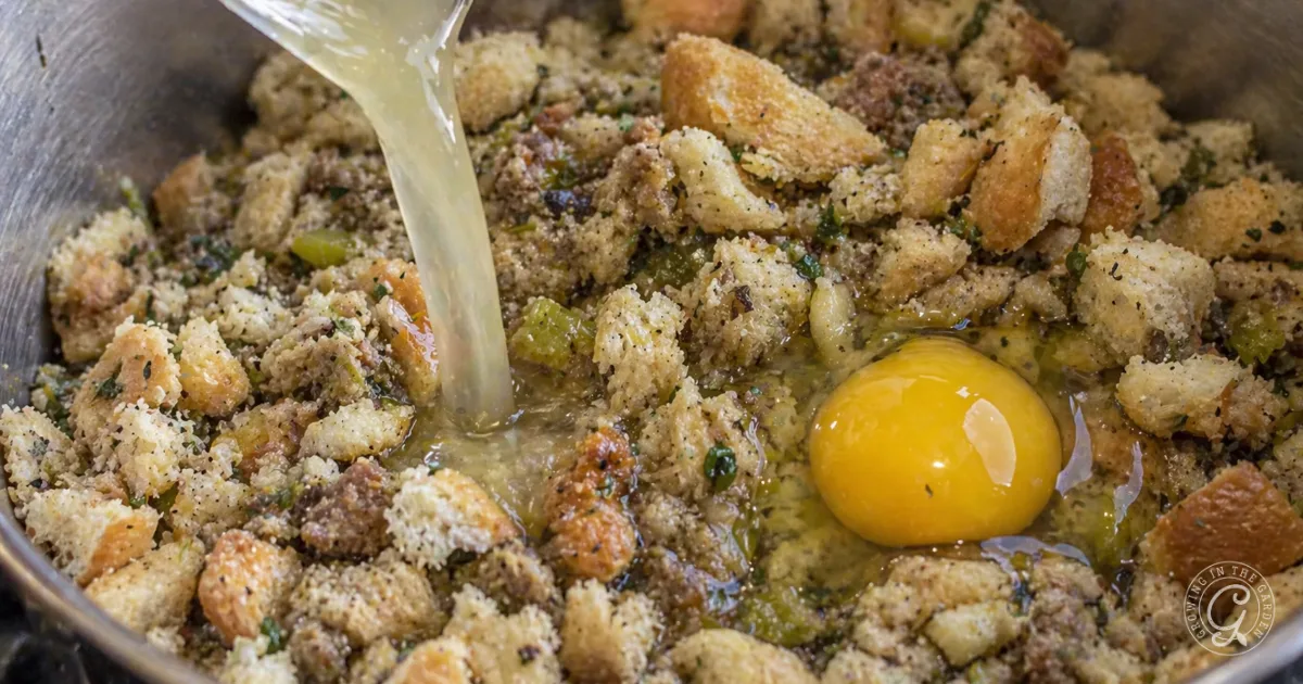 A raw egg and broth are added to a bowl of seasoned bread cubes and chopped vegetables for this Make Ahead Sausage and Herb Stuffing Recipe.
