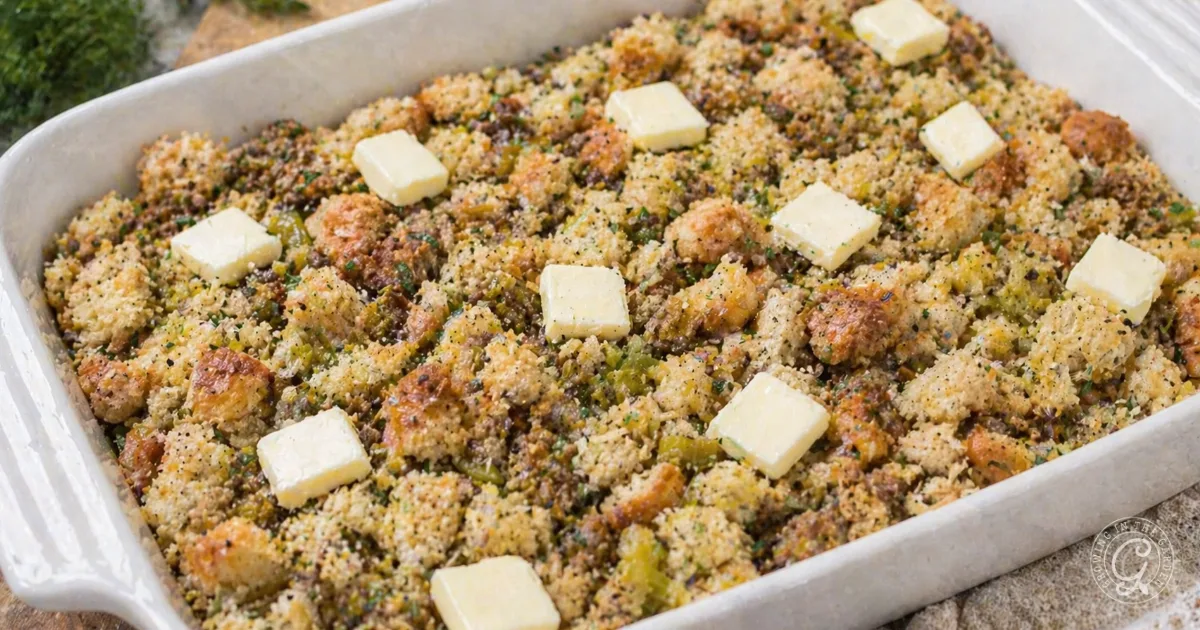 A baking dish filled with Make Ahead Sausage and Herb Stuffing Recipe, topped with evenly spaced pats of butter.