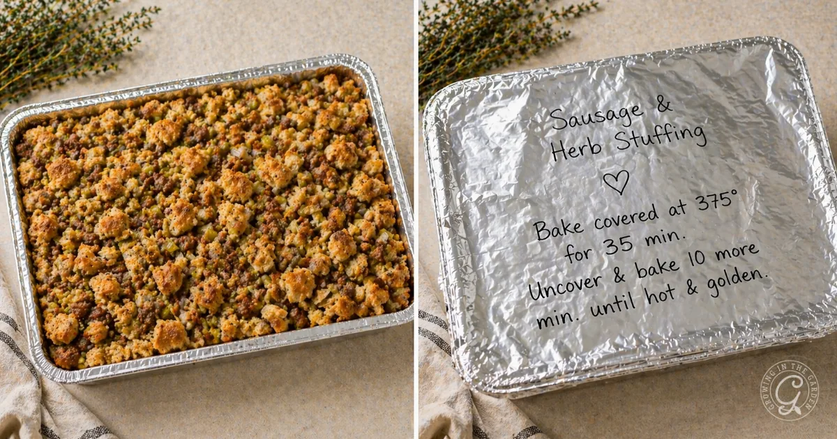 A foil tray of Make Ahead Sausage and Herb Stuffing Recipe, with baking instructions written on the foil cover beside it.