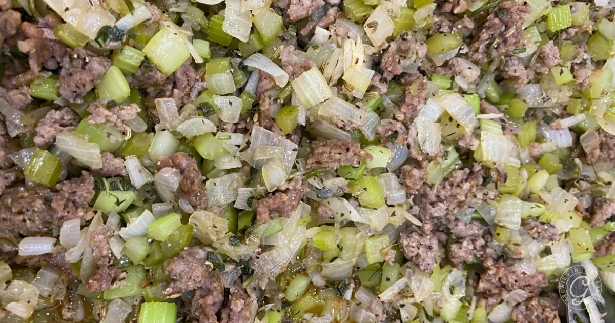 Chopped celery, onions, and ground beef cooked together with herbs and seasonings.