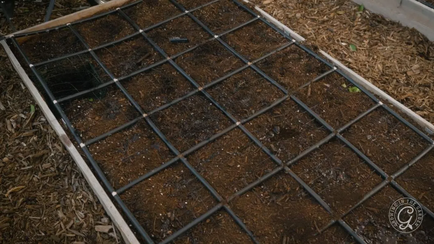 Raised garden bed with a square-foot gardening grid and irrigation tubing.