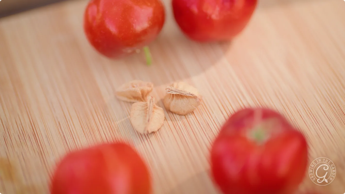 Three red fruits and several pale seeds on a wooden cutting board.