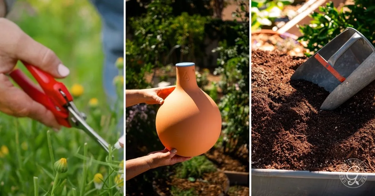 A collage showing hand pruning plants, holding a clay watering vessel, and soil with a garden trowel—perfect inspiration for any gardener's gift guide.