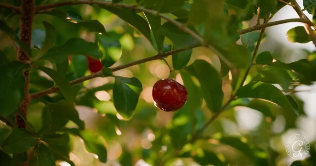 A ripe red Barbados Cherry hangs from a leafy tree branch in sunlight, showing how well these fruits grow in the Low Desert.
