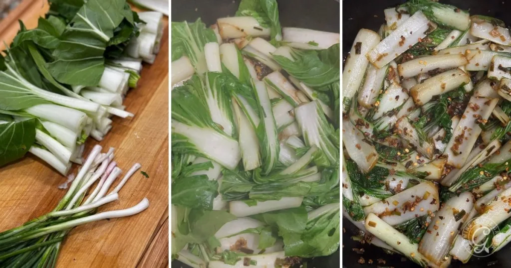 Three stages of bok choy: fresh on a cutting board, being cooked, and stir-fried with seasonings in a pan—perfect for those looking for Bok Choy tips or learning how to grow bok choy at home.