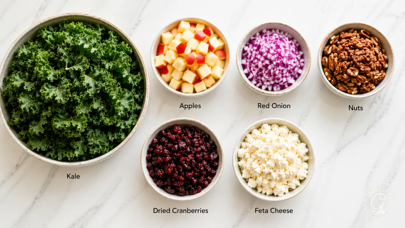 Six bowls with kale, apples, red onion, nuts, dried cranberries, and feta cheese on a white surface.