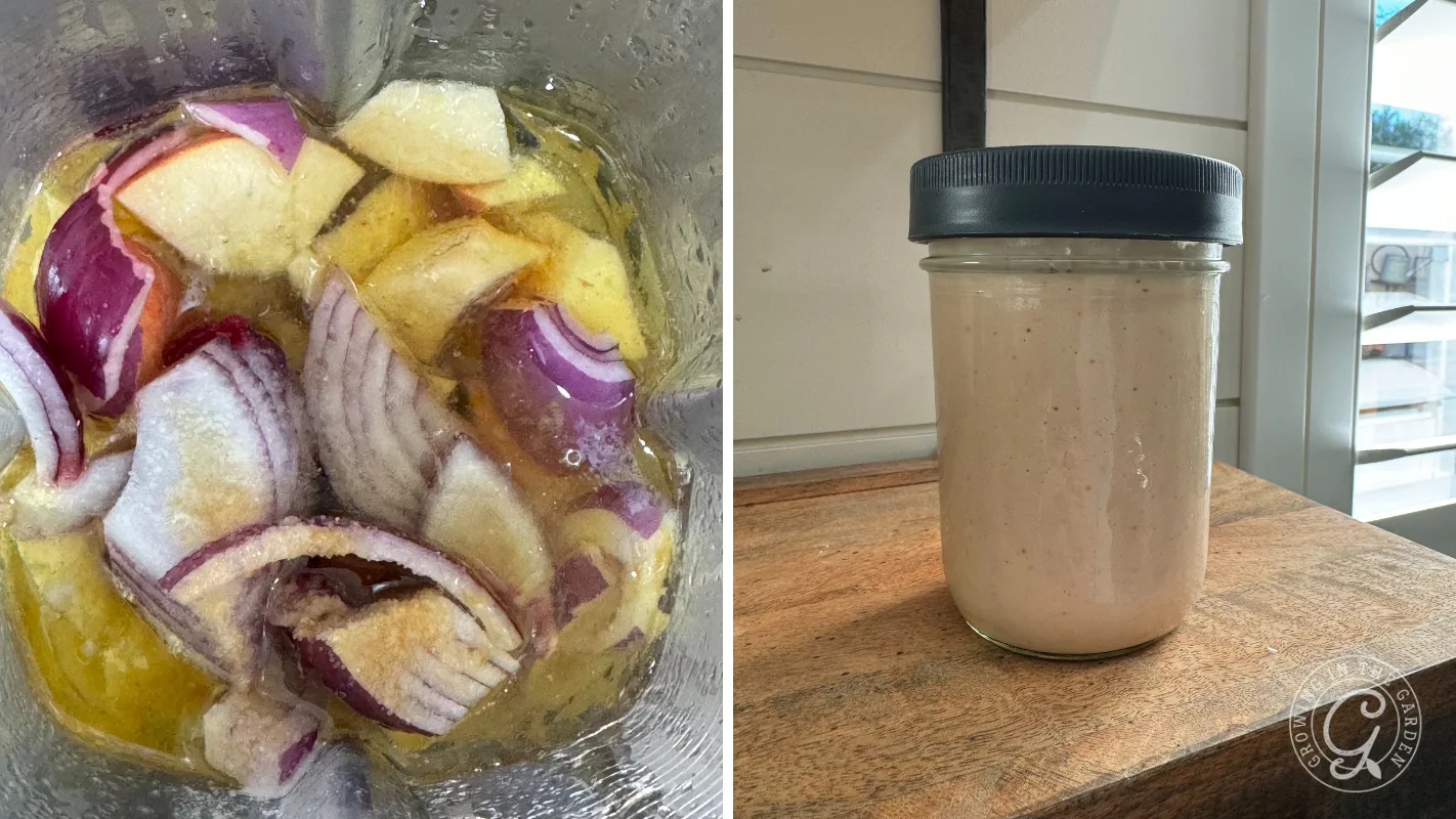 Left: chopped onion and other ingredients in a blender; right: creamy dressing in a jar on a wooden counter.