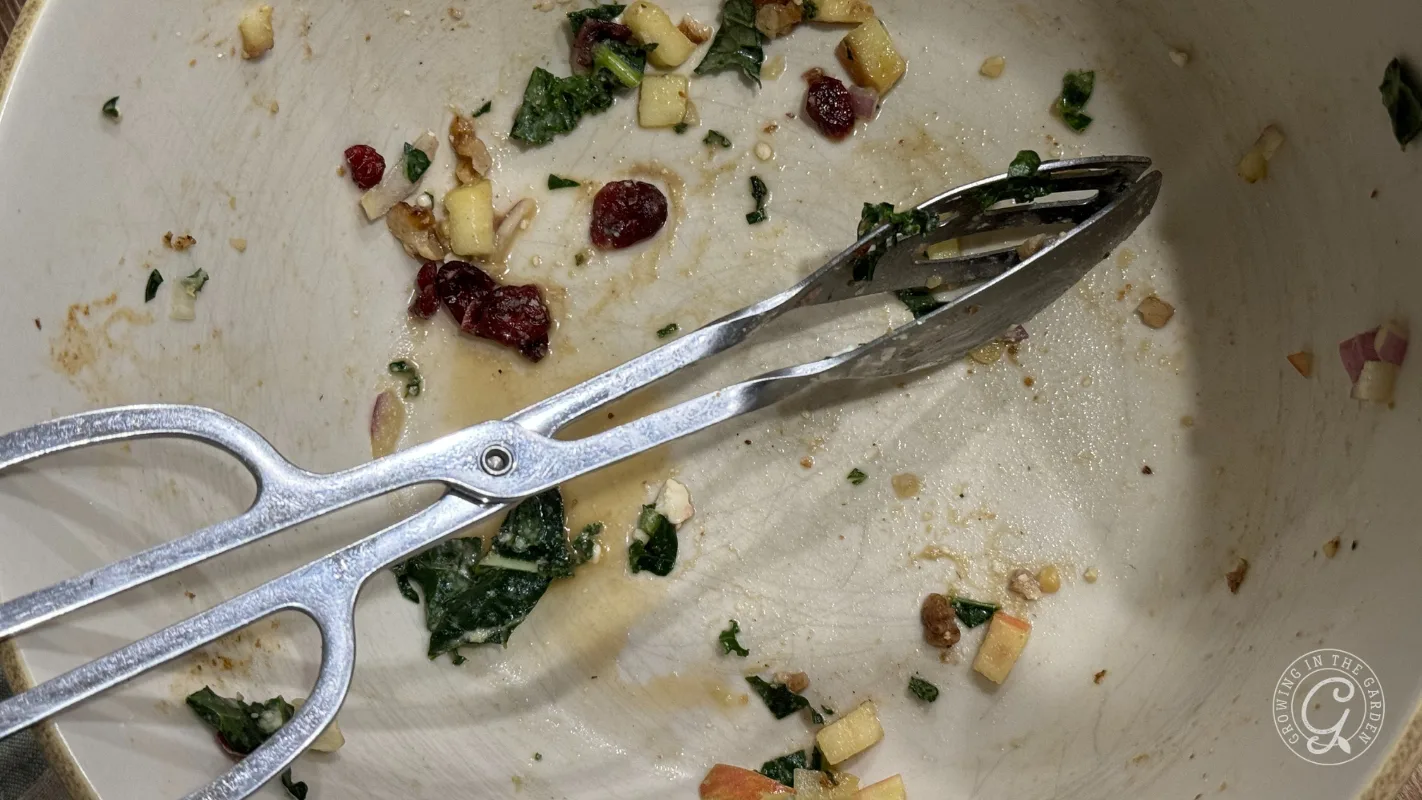 Metal tongs rest in a nearly empty bowl with small bits of vegetables and fruit scattered around.
