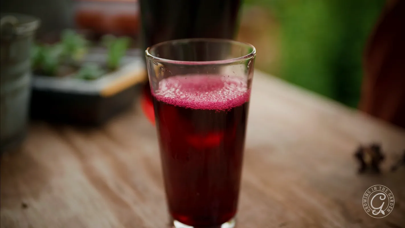 A glass of deep red juice sits on a wooden table with a blurred background.