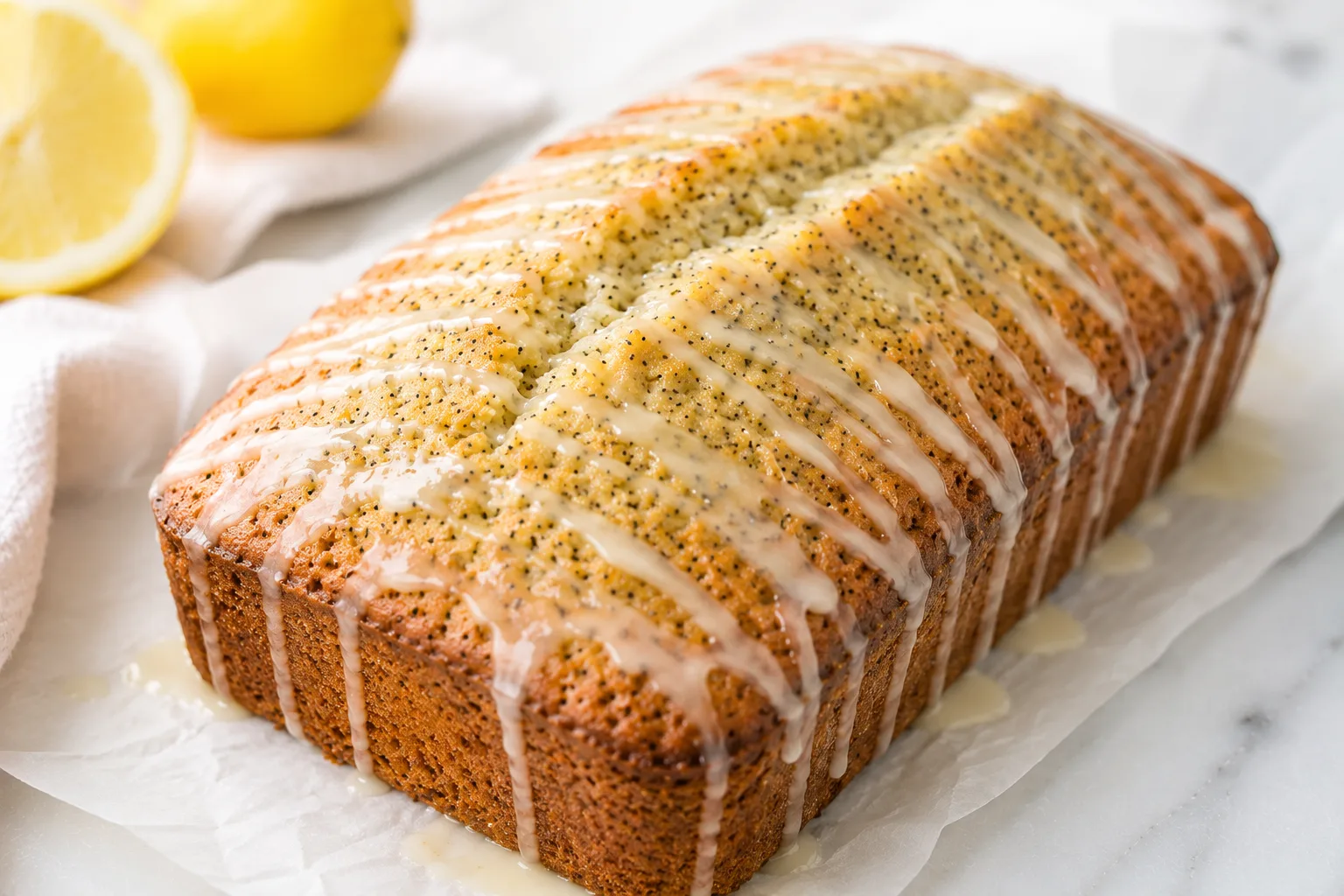 Lemon poppy seed loaf cake drizzled with glaze, with lemons in the background on a marble surface.