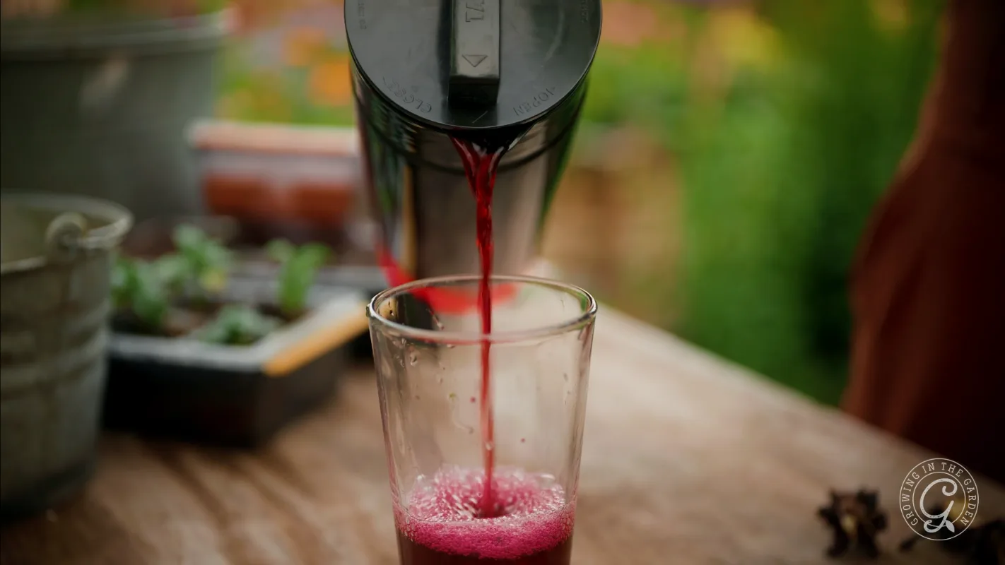 Red juice is being poured from a pitcher into a clear glass on a wooden table outdoors.