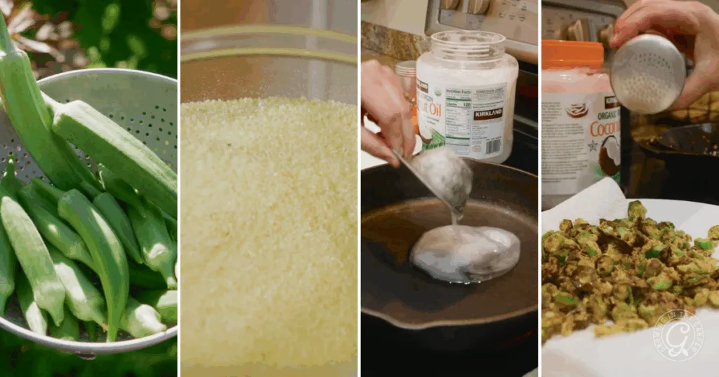 Four panels: fresh okra, cornmeal, coconut oil in a pan, and easy fried okra pieces on a paper towel—a classic taste of southern comfort food.