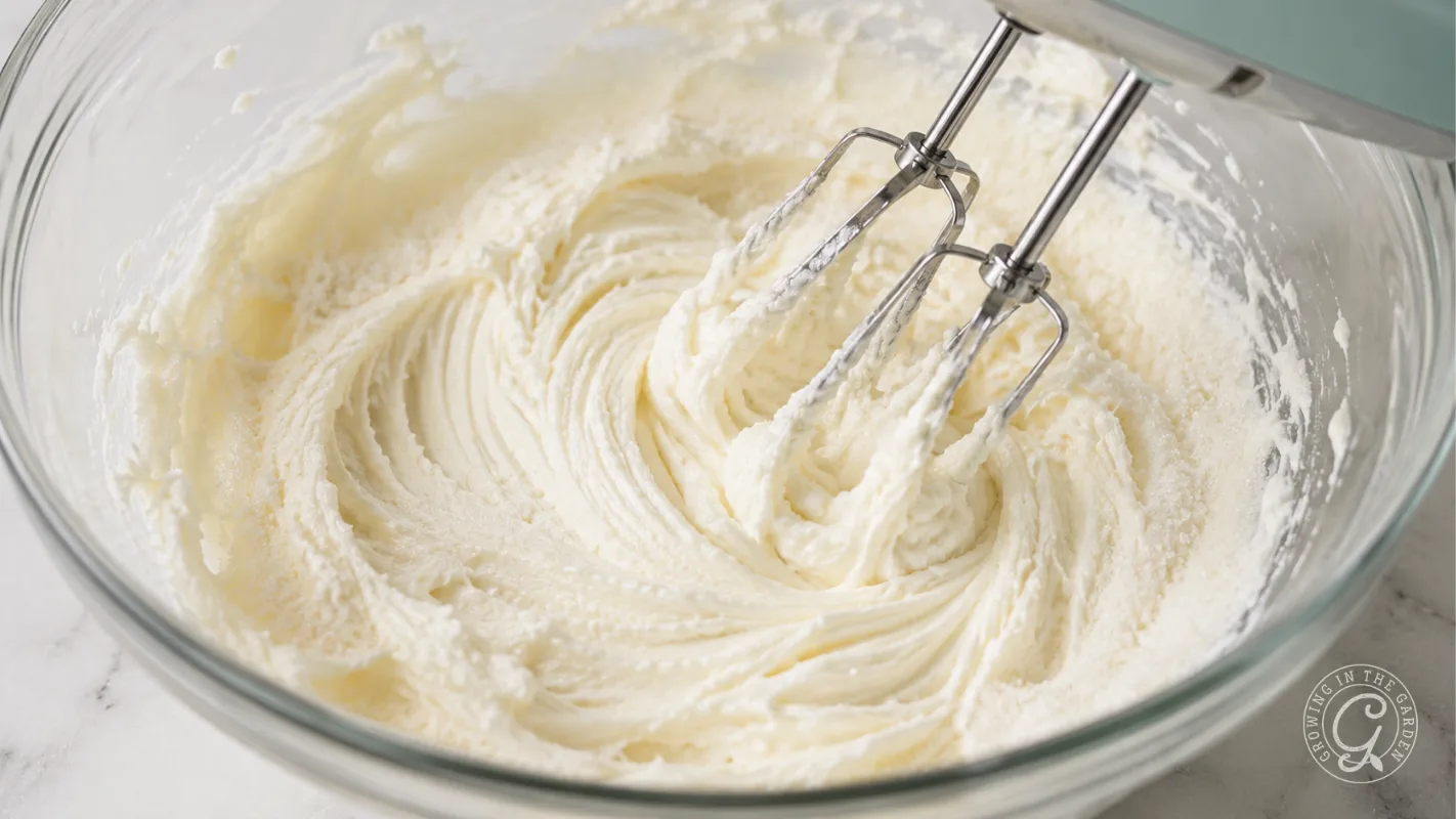 Electric hand mixer blending creamy batter in a clear glass bowl on a white surface.