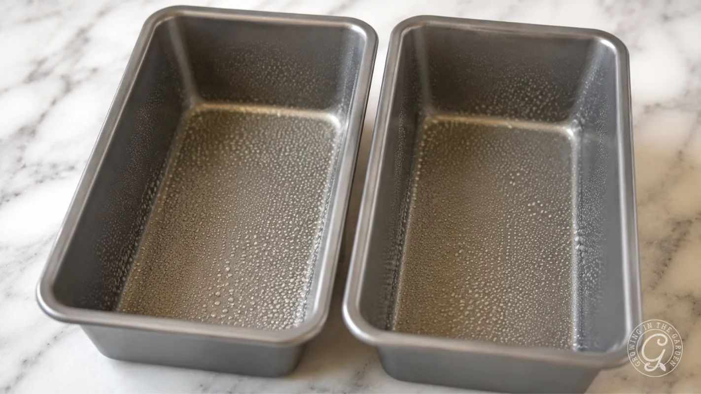 Two metal loaf pans sprayed with nonstick cooking spray, placed side by side on a marble countertop.