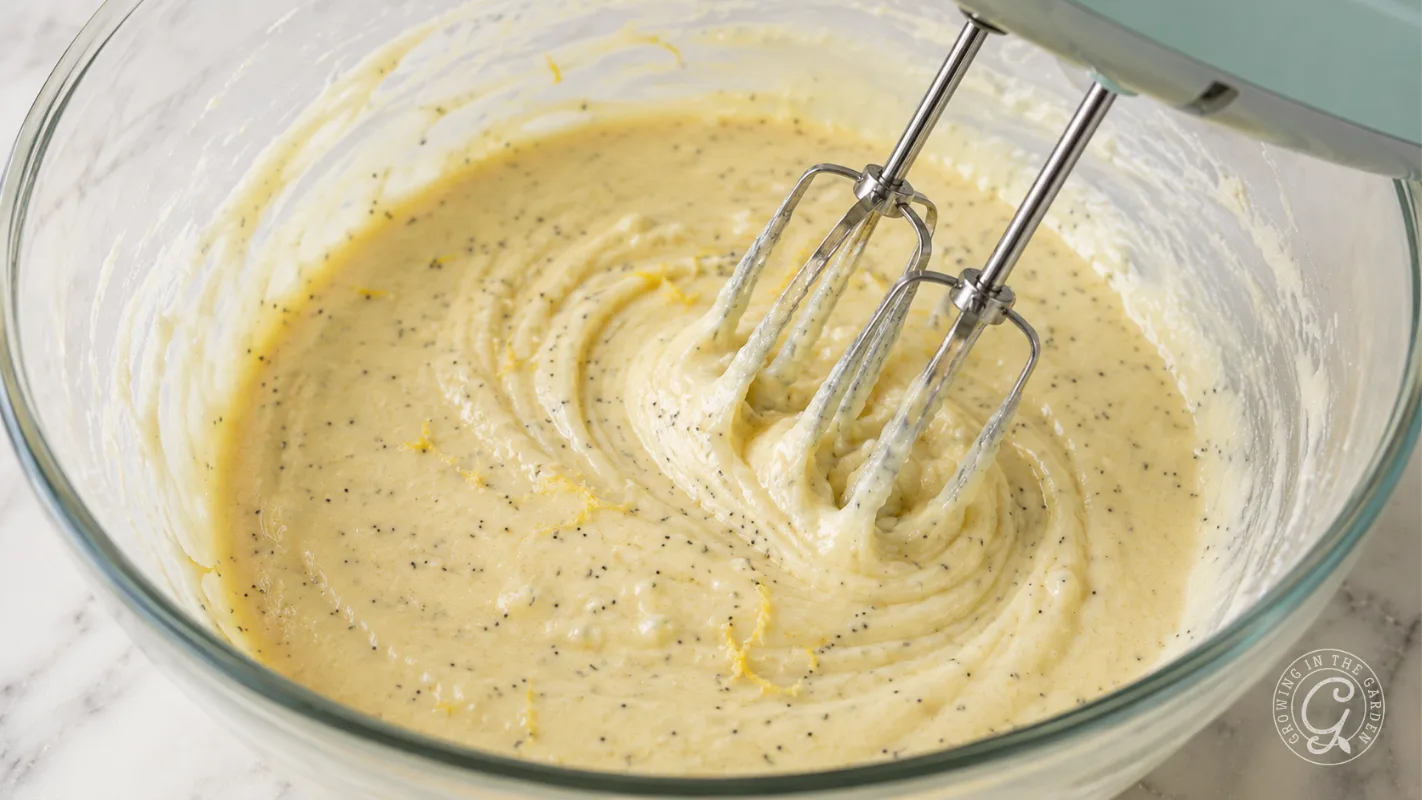 Electric mixer blending poppy seed cake batter in a glass bowl on a marble surface.