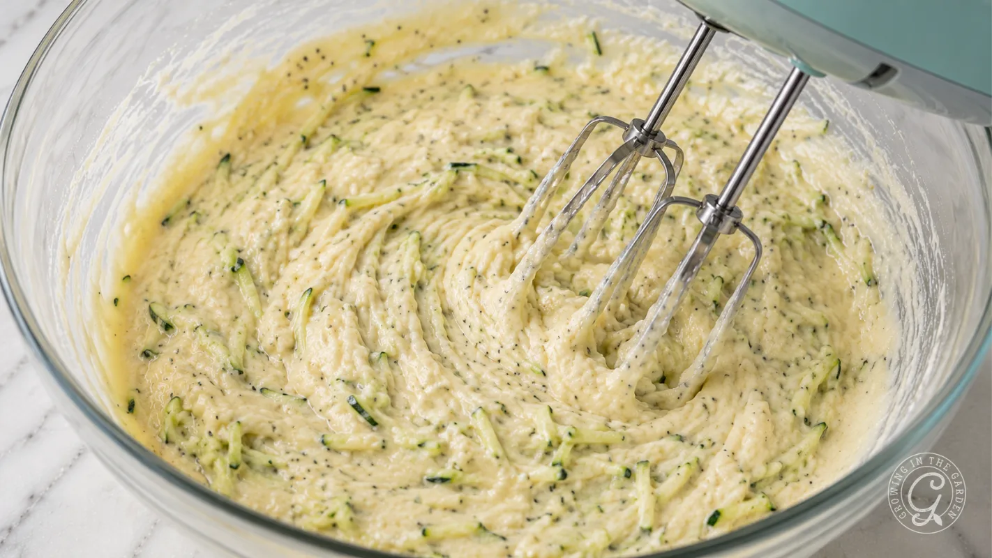 Electric mixer blending zucchini bread batter in a glass bowl on a marble countertop.