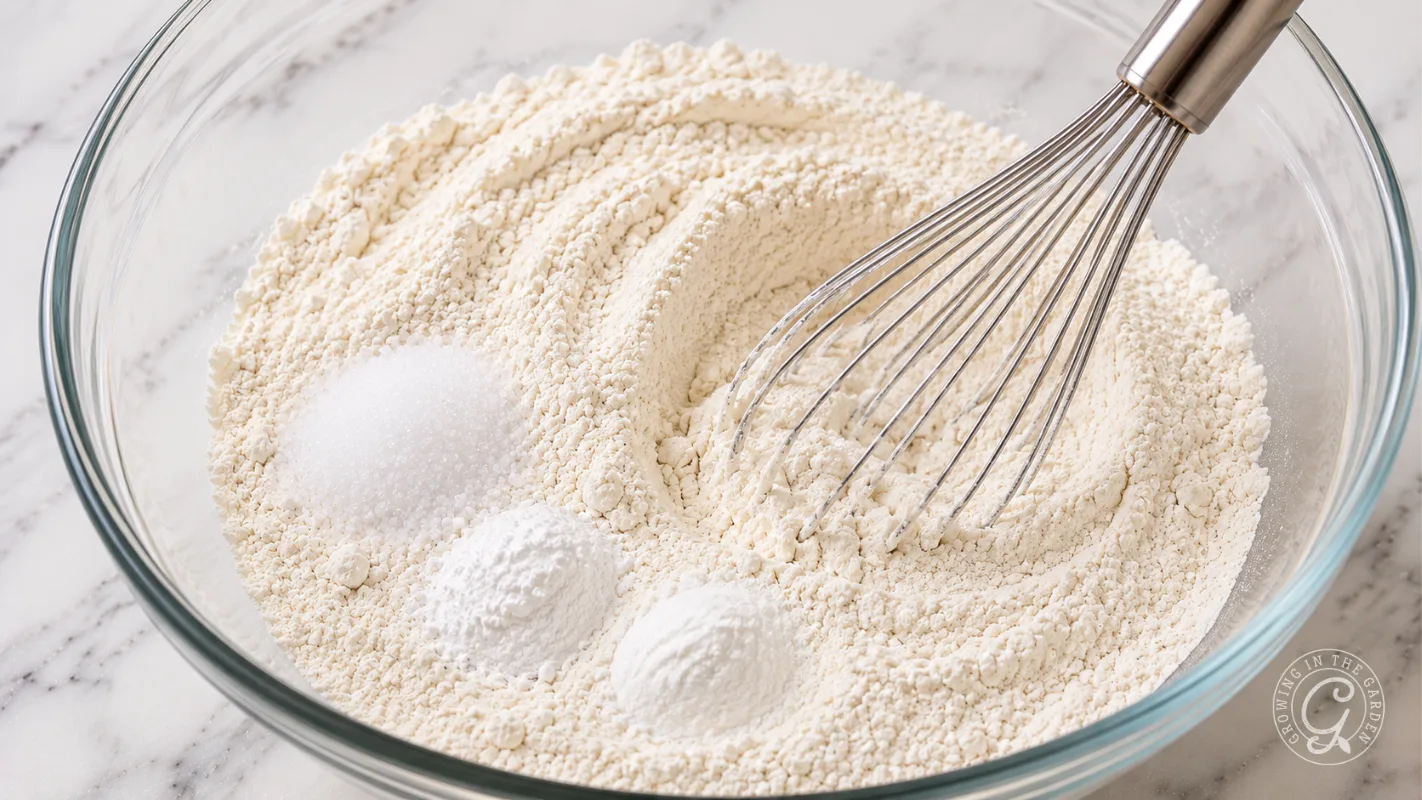 A glass bowl of flour, salt, and baking powder being whisked together on a marble surface.
