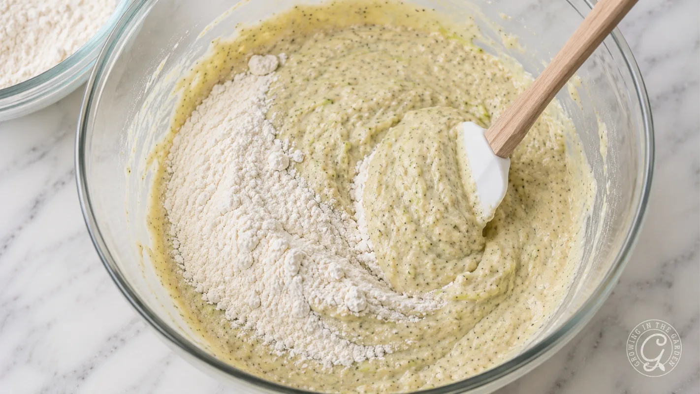 Glass bowl with poppy seed batter being mixed, some dry flour still visible, spatula in bowl.