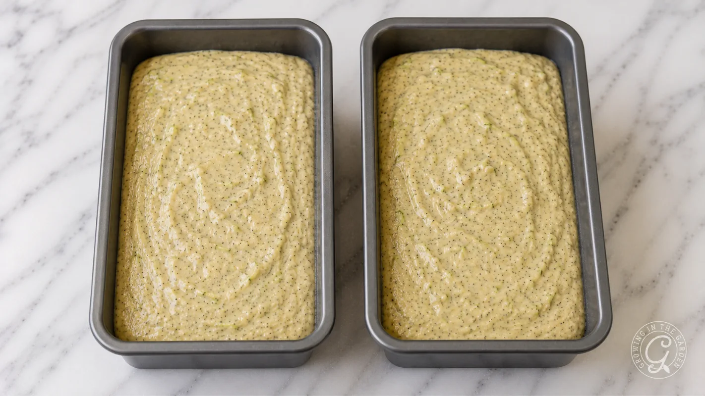 Two loaf pans filled with uncooked poppy seed bread batter on a marble countertop.