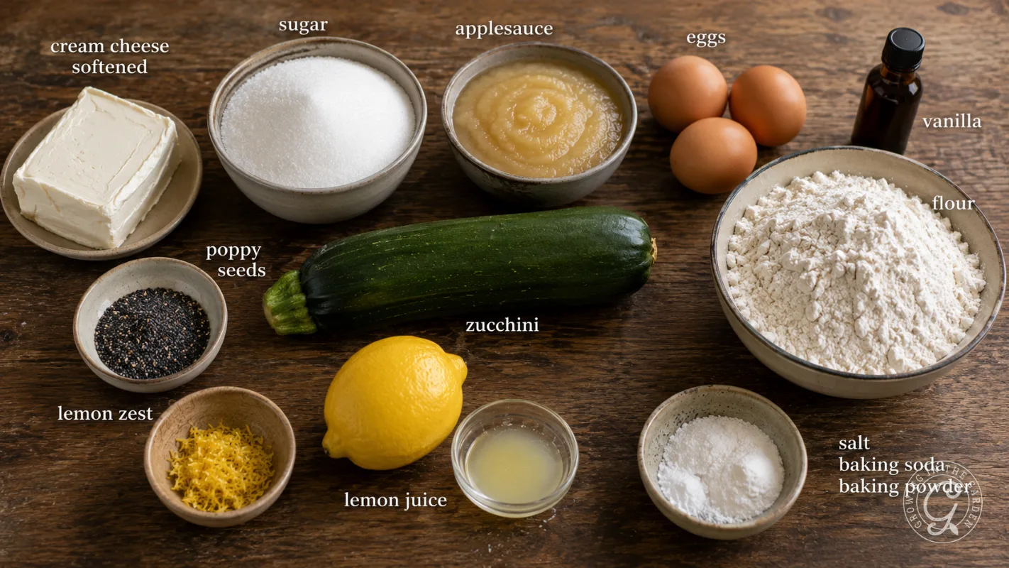 Labeled baking ingredients on a wooden table: flour, eggs, zucchini, lemon, sugar, cream cheese, and more.