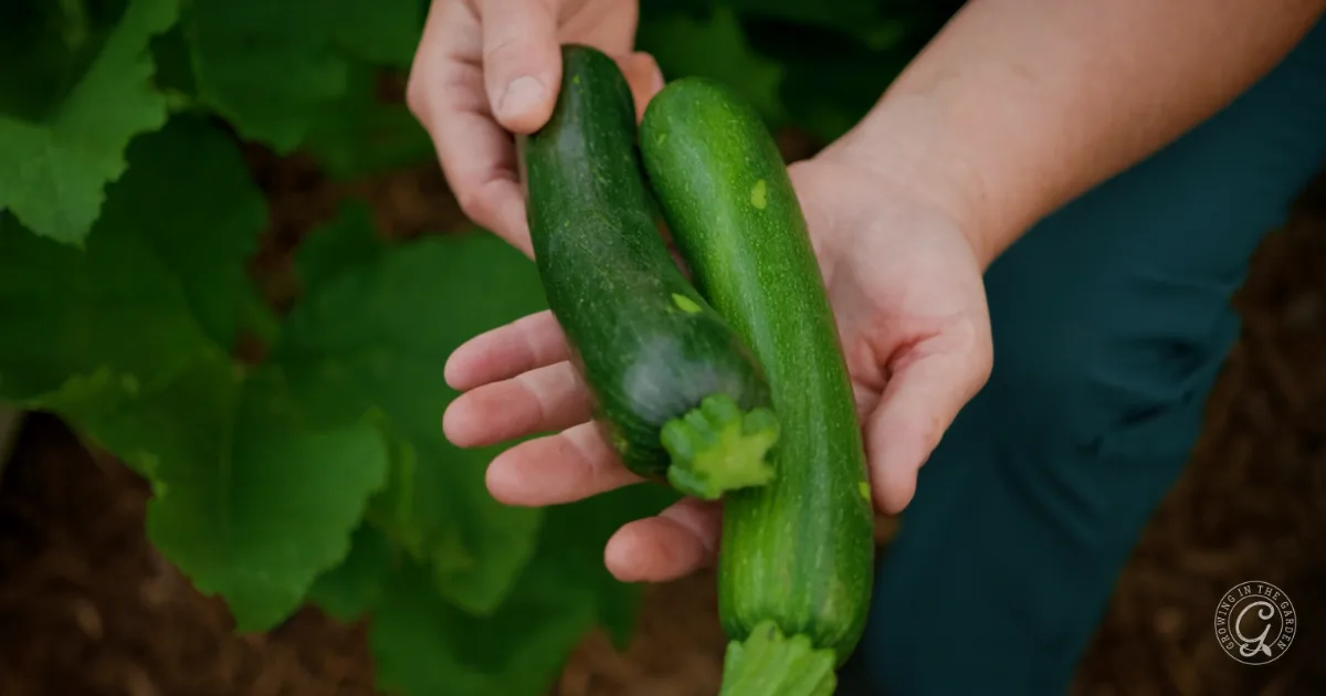 A person holding two freshly picked zucchinis in their hands, with green leaves in the background.