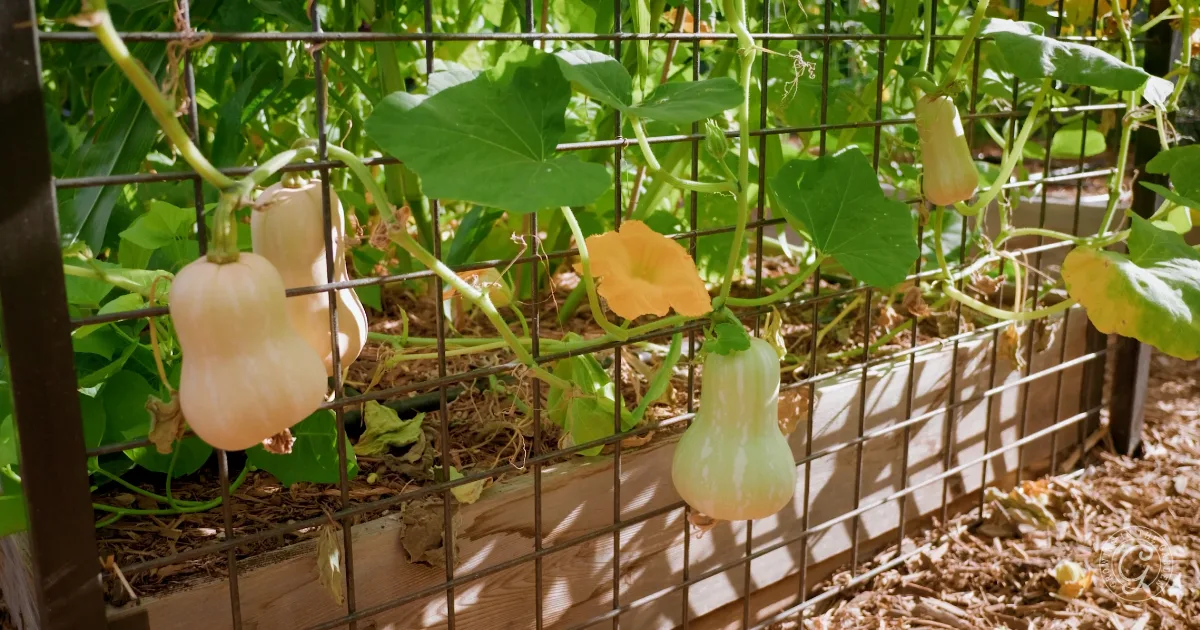 Butternut squash growing on vines along a wire trellis in a raised garden bed with green leaves.