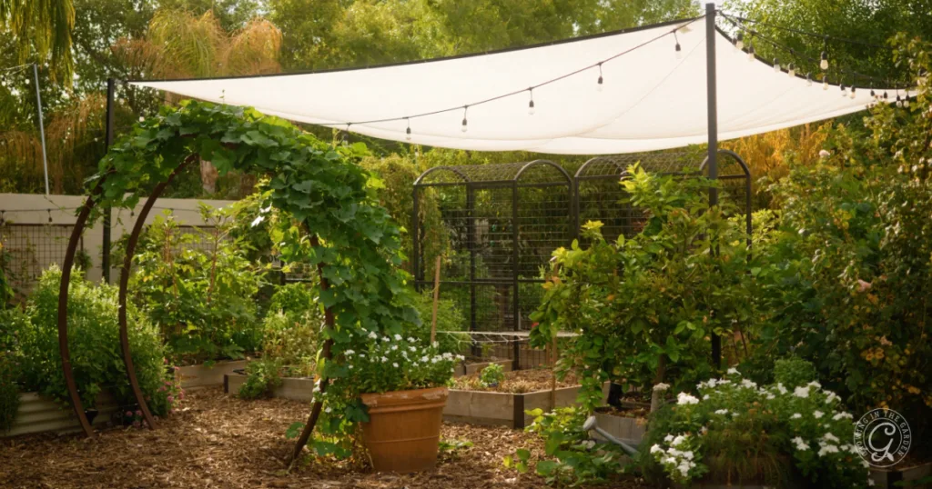 Garden with raised beds, vine-covered arch, potted plants, and a white shade canopy with string lights—perfect for relaxing evenings and discovering new gardening ideas or garden tips to help your space thrive amid climate change.