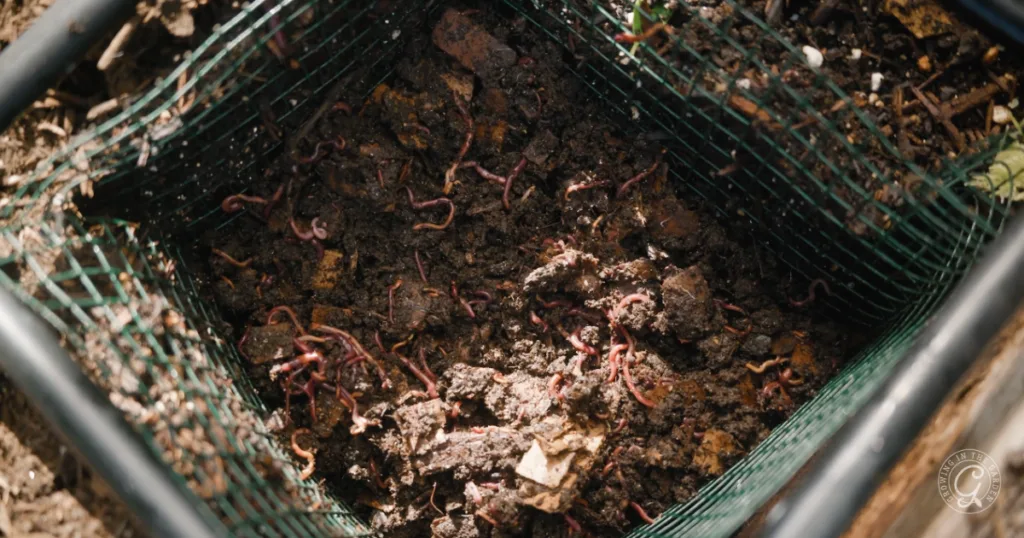 A bin filled with soil and many earthworms, enclosed by a green mesh fence, demonstrates garden adaptation for hotter weather gardening.