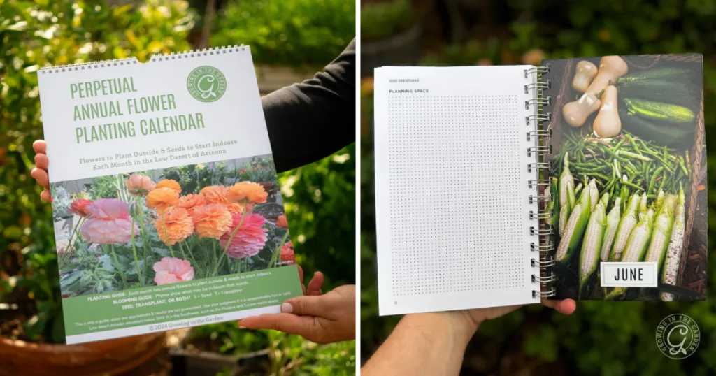 A person holds a flower planting calendar; inside, June features corn and onions next to blank planning pages filled with helpful garden tips for gardening in a changing climate.