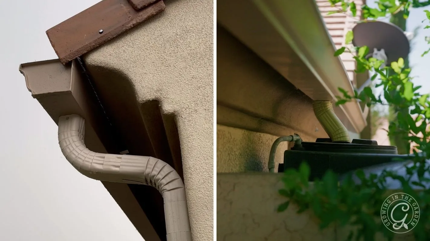 Two views of beige rain gutters and downspouts attached to the side of a house, shown close-up.