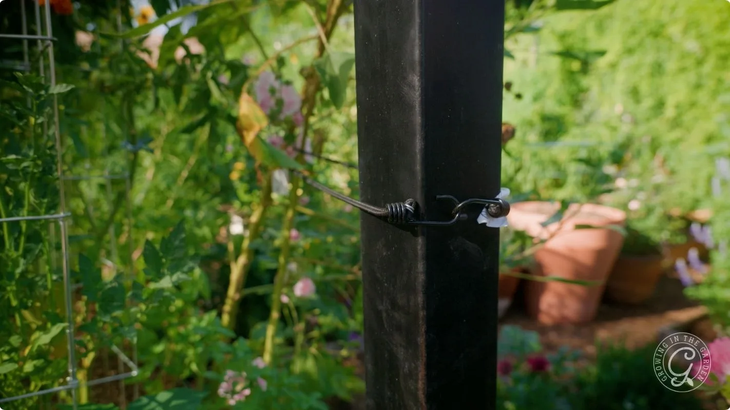 A black wire is wrapped around a black post in a green garden with plants in the background.
