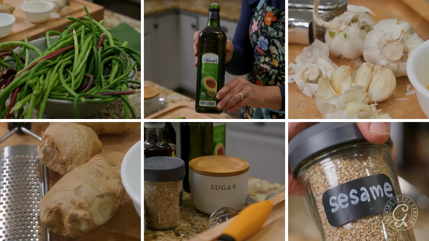Collage of ingredients: long beans, avocado oil, garlic, ginger, sugar, sesame seeds, and kitchen utensils.