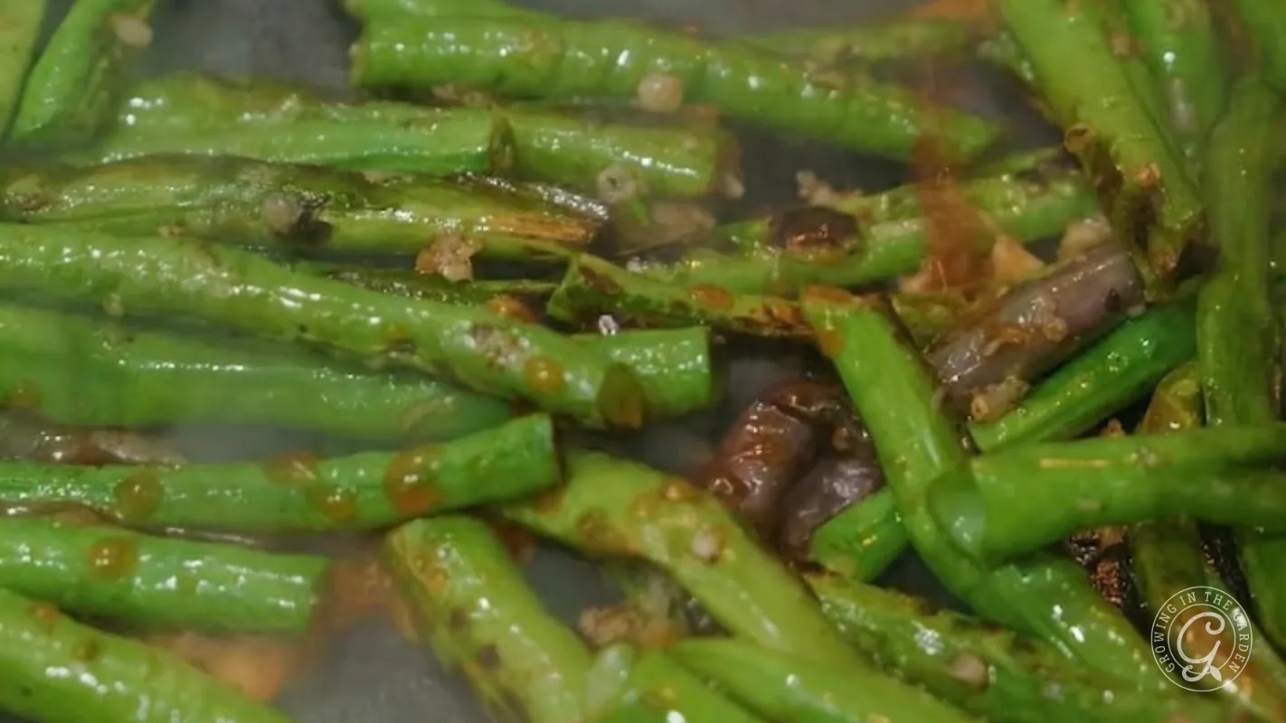 Green beans being stir-fried with garlic and sauce in a pan.