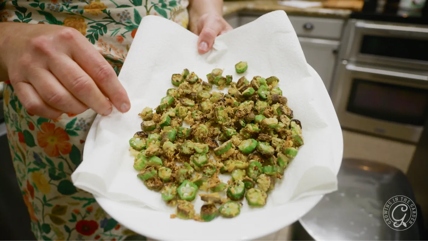 A person holds a plate of fried okra on a paper towel in a kitchen.