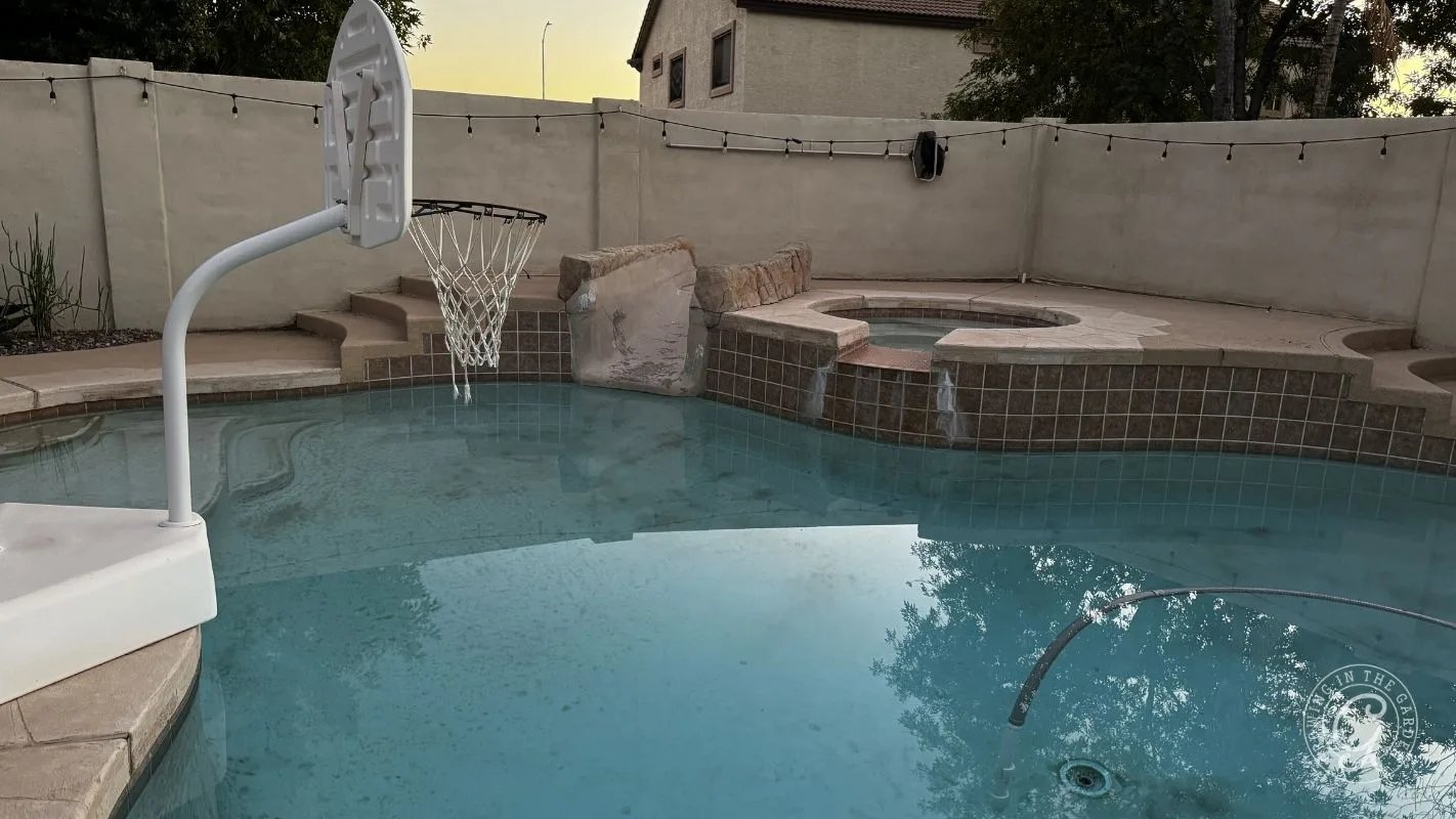 Before: Arizona backyard pool before remodel with old decking and built-in slide.