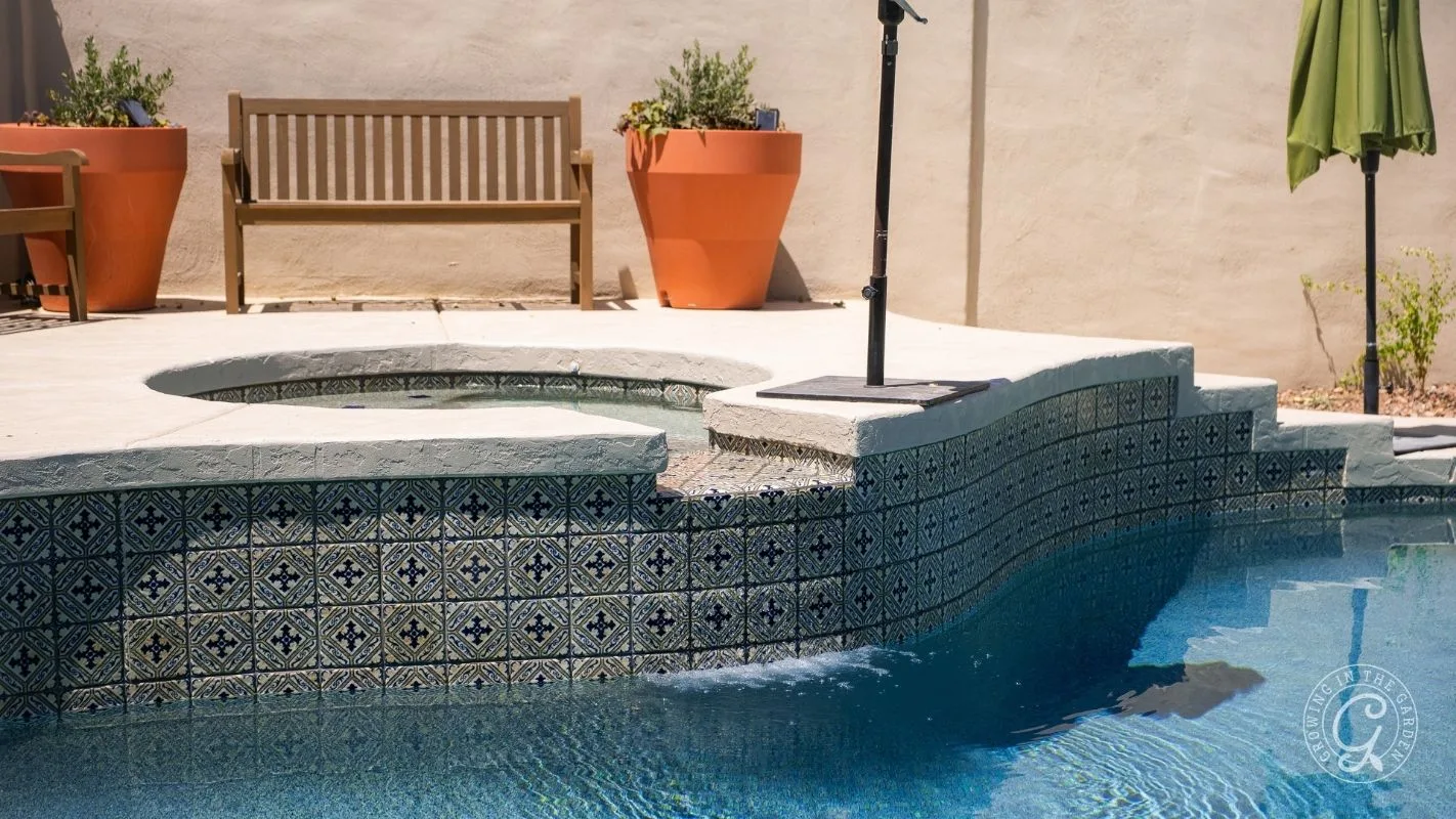 After: Pool remodel with spa water flowing into pool. 