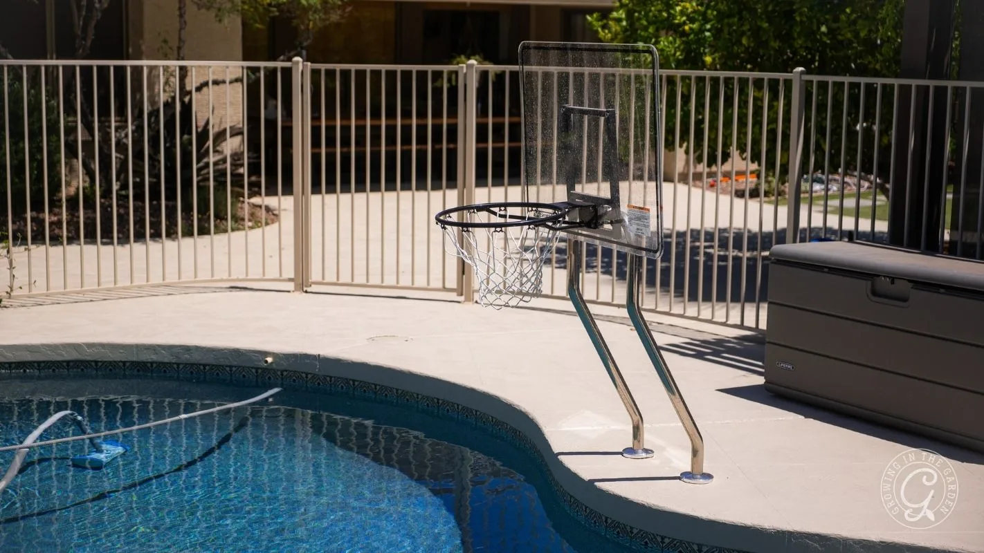 Updated pool area with built-in basketball hoop and benches.