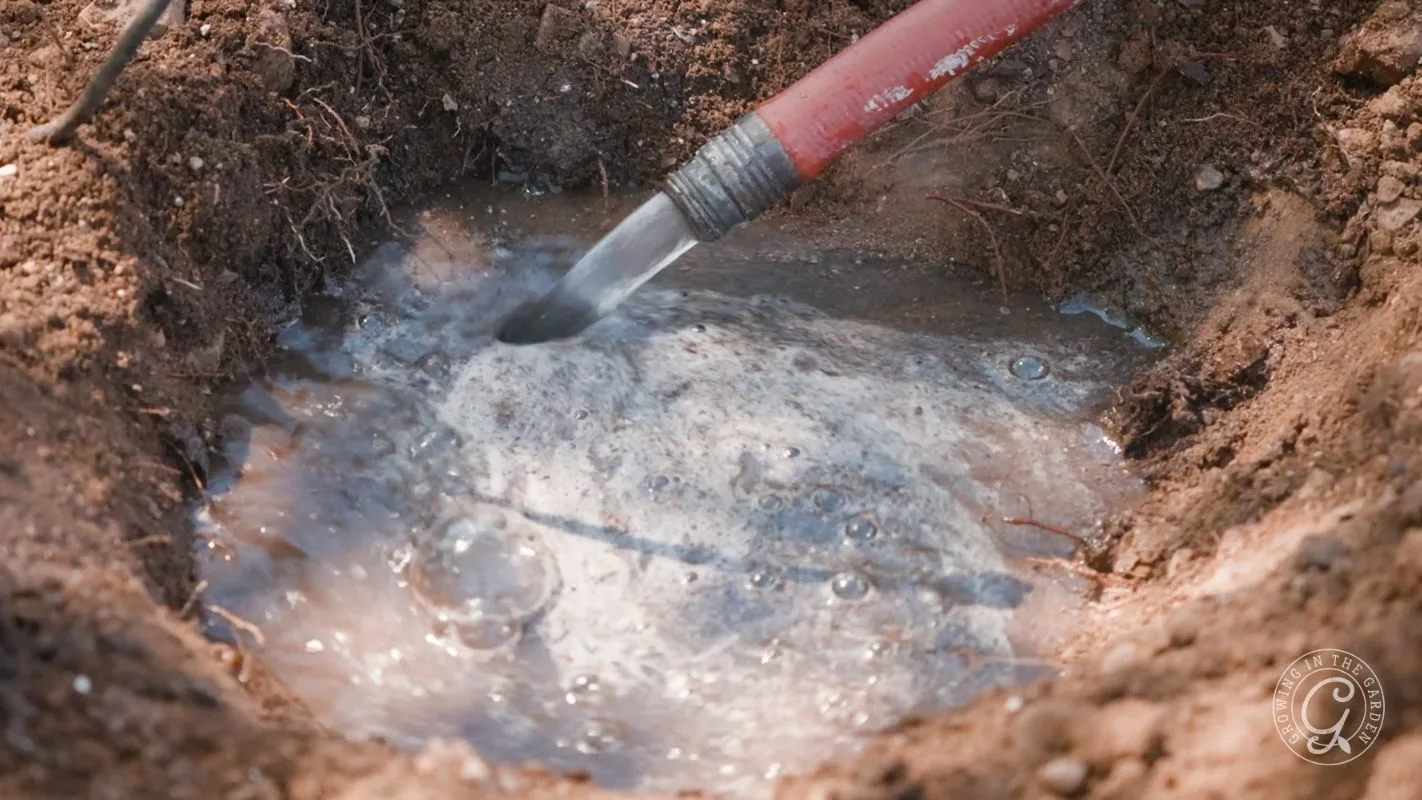 Water flows from a red hose into a muddy hole in the ground, creating bubbles and mixing soil.