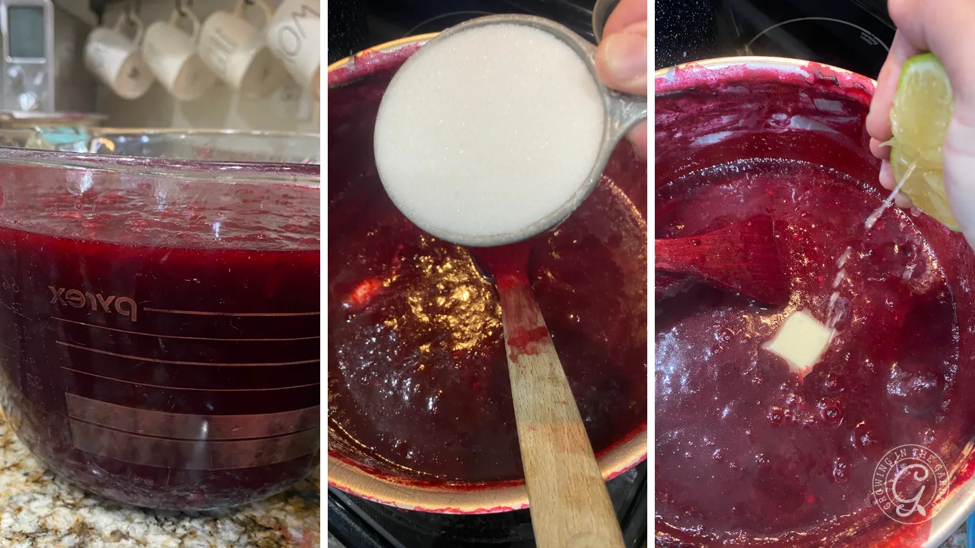 Three photos: measuring cranberry sauce, pouring sugar into a pot, and stirring sauce with butter and lime.