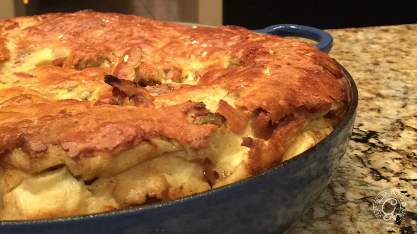 A golden brown apple Dutch baby pancake in a blue cast iron skillet.