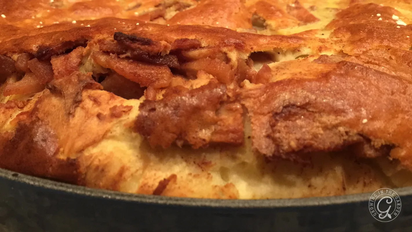 Close-up of a baked apple pancake in a cast iron skillet.
