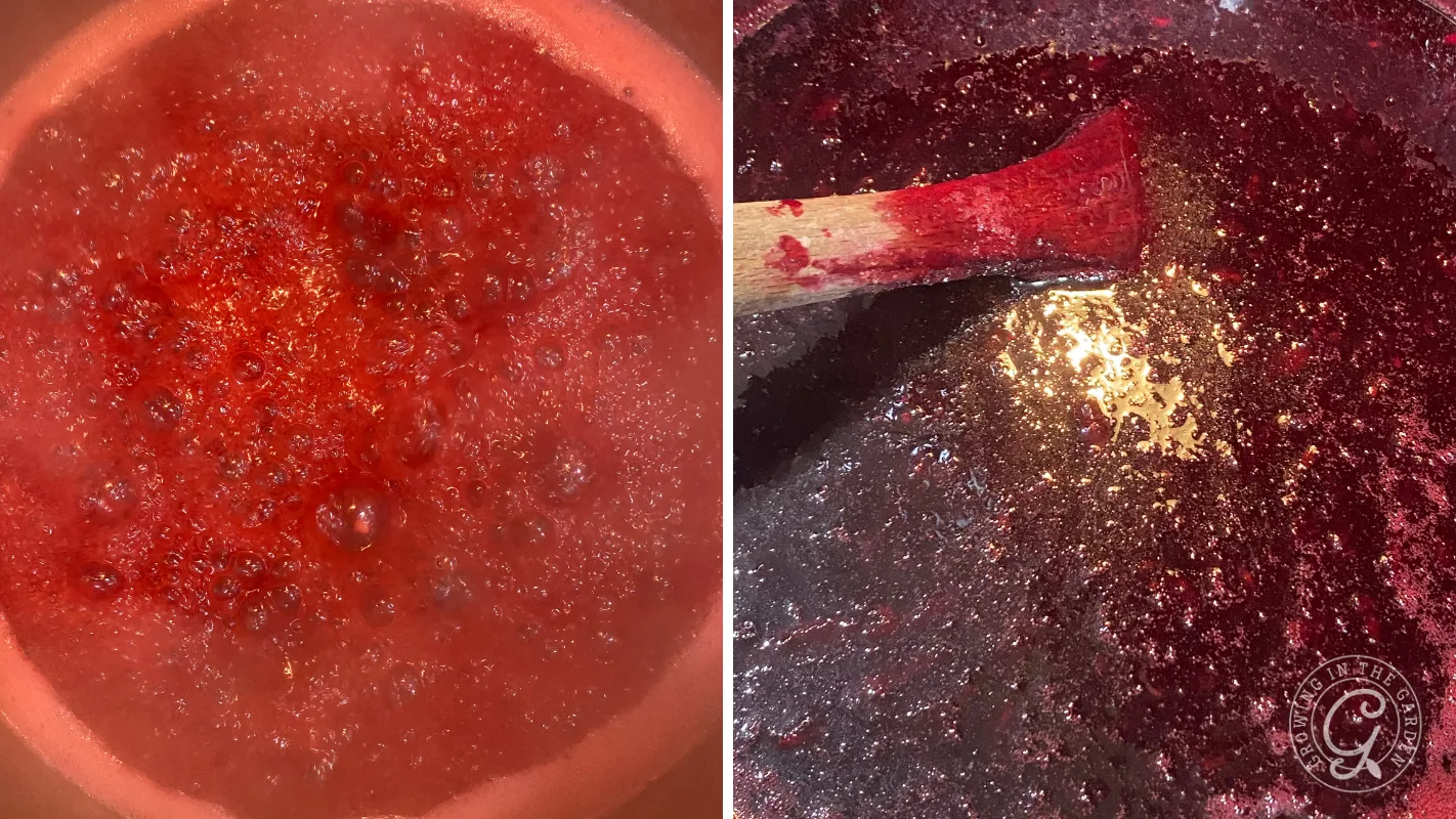 Left: Red liquid boiling. Right: Thick, dark red mixture with a wooden spoon and glossy texture.