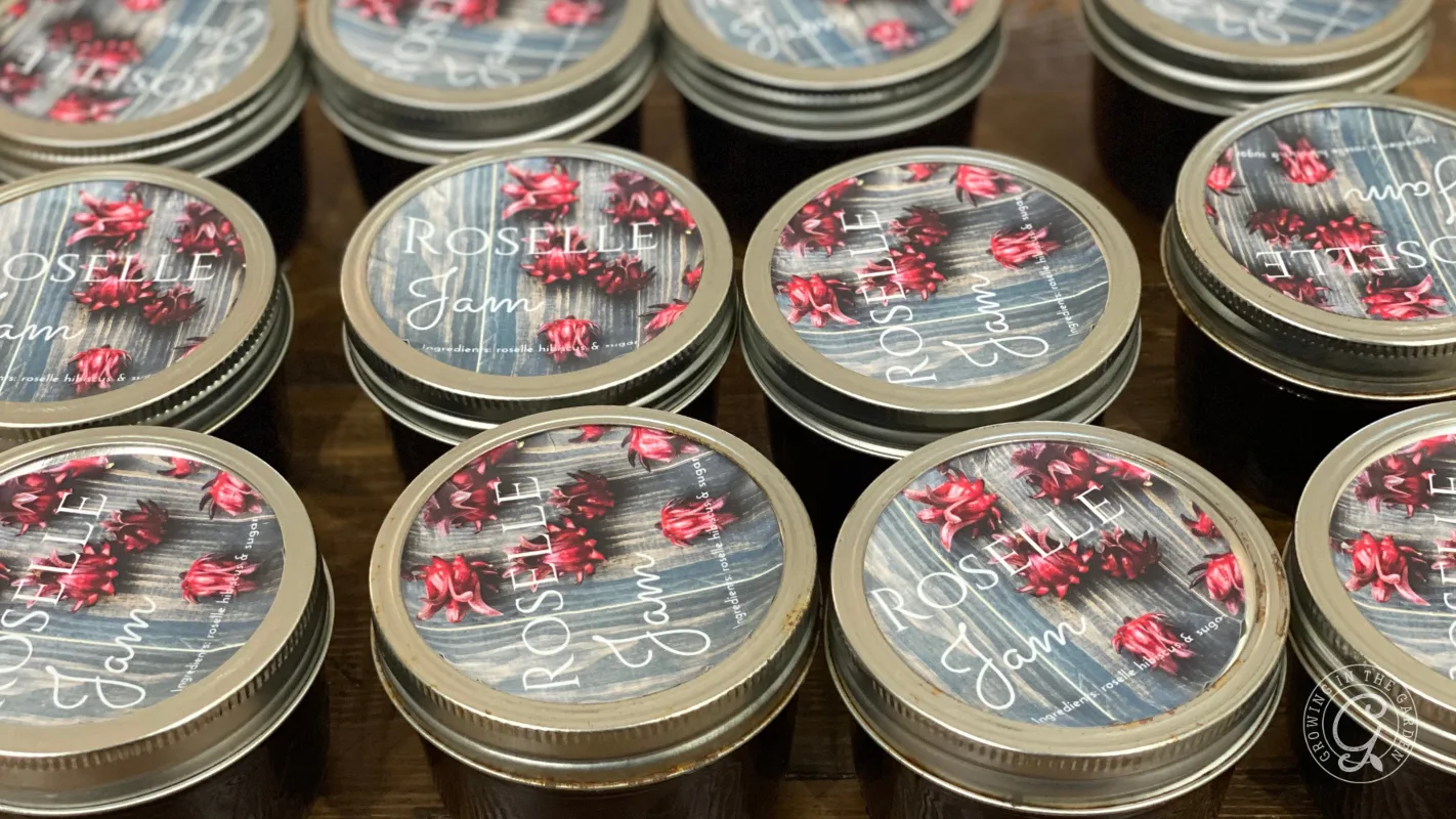 Jars of Roselle jam with decorated lids showing red roselle flowers, arranged closely together.
