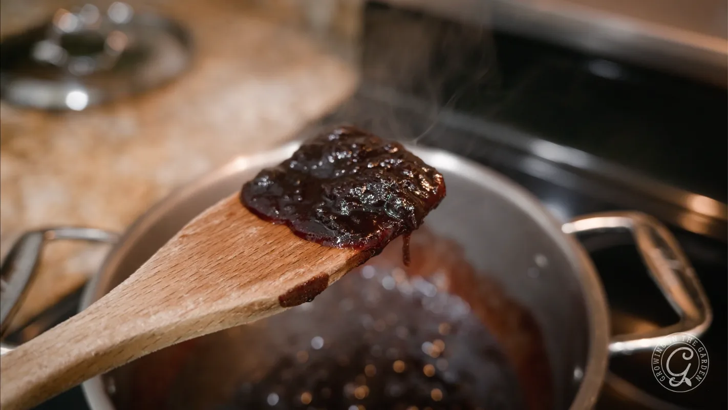 A wooden spoon holds thick, dark sauce over a pot on a kitchen stove. Steam rises from the sauce.