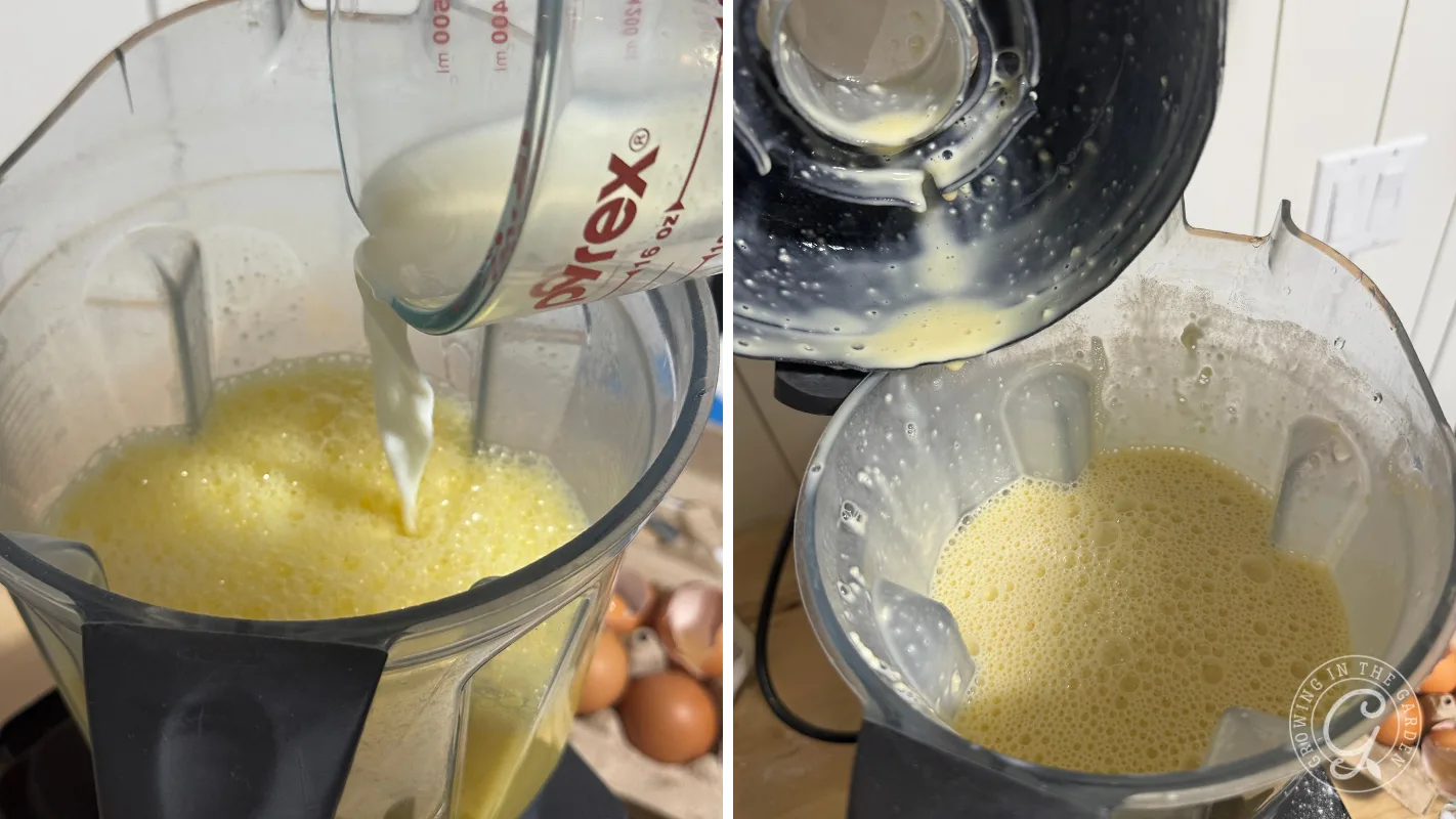 A glass measuring cup pours liquid into a blender with a yellow mixture; eggs are visible nearby.