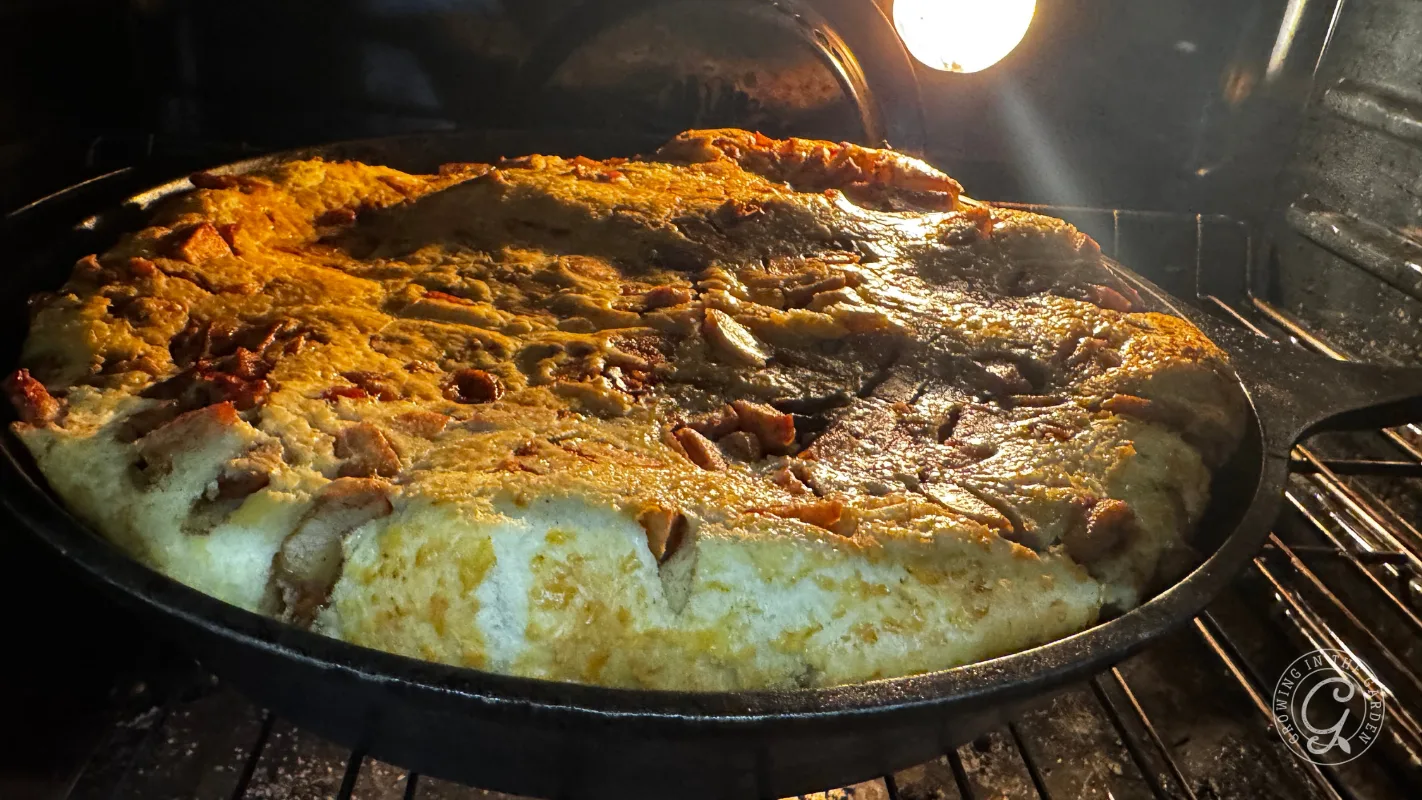 A golden-brown Dutch baby pancake baking in a cast iron skillet inside an oven.